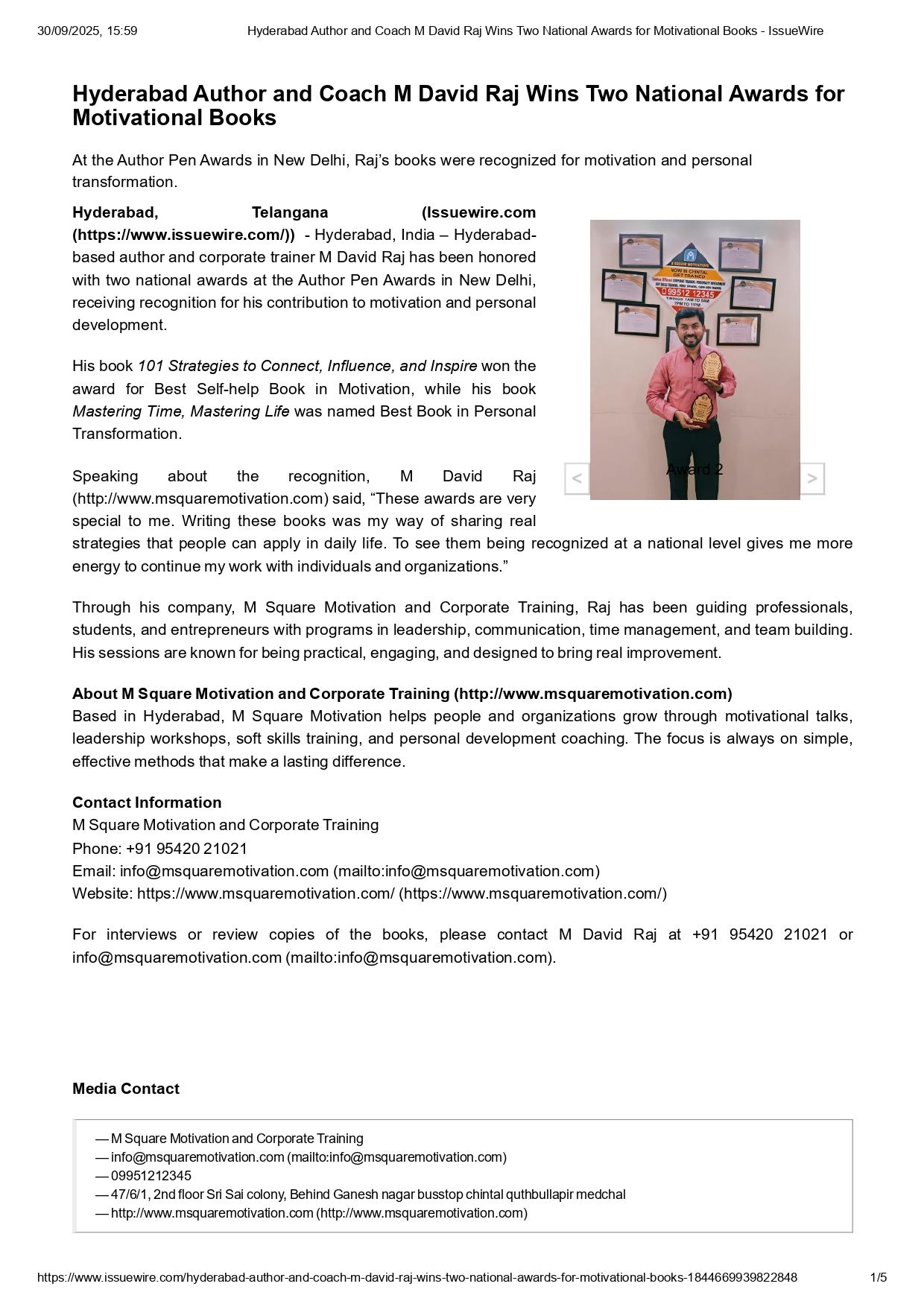 Hyderabad Author and Coach M David Raj Wins Two National Awards for Motivational Books