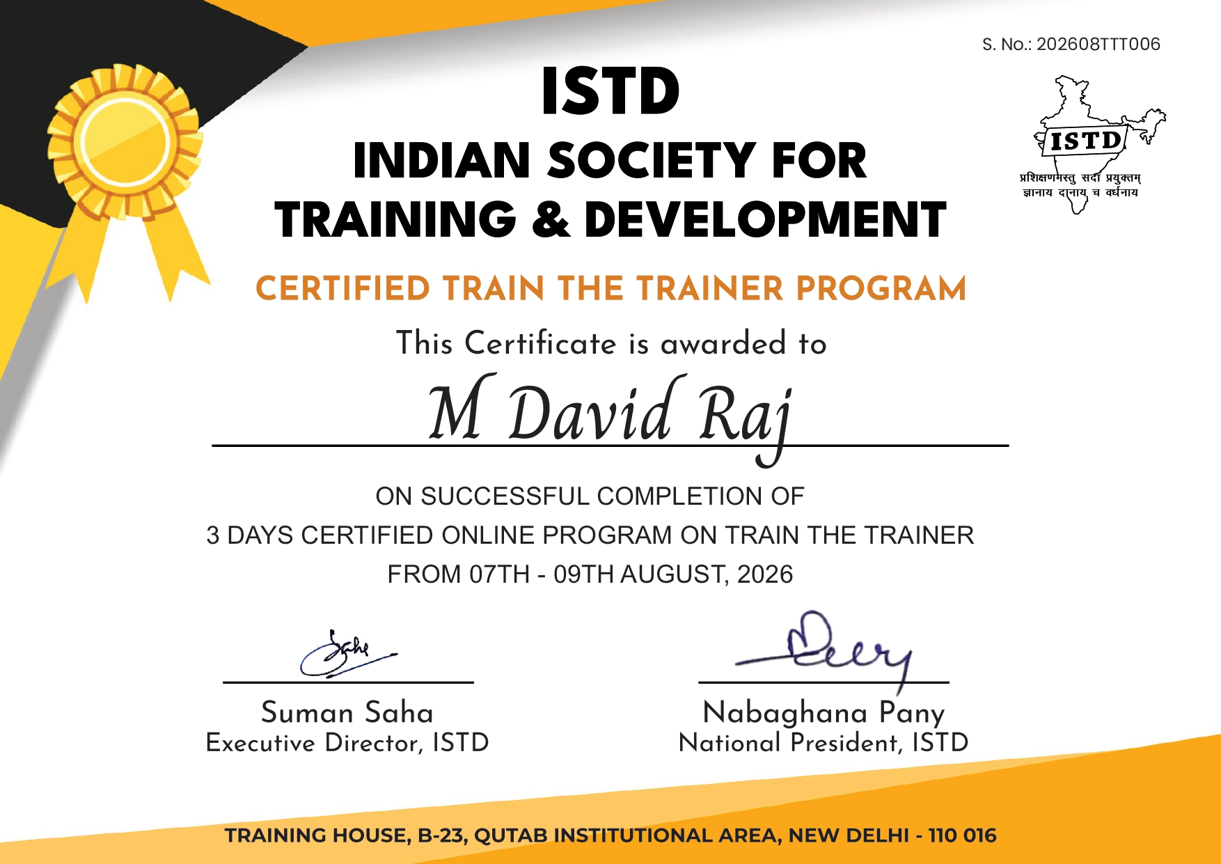 M David Raj Completes Prestigious ISTD Train the Trainer (TTT) Certification