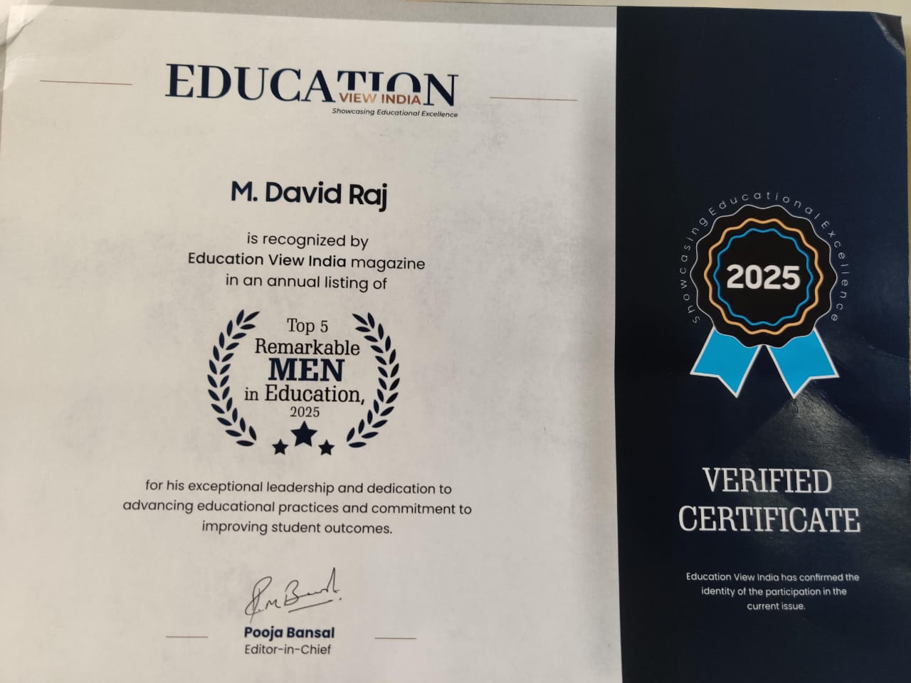 M David Raj Named Among Top 5 Remarkable Men in Education 2025 by Education View India