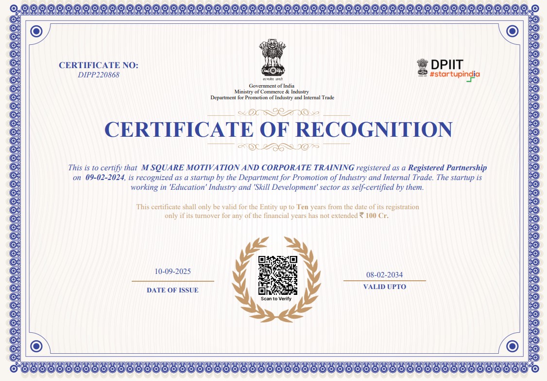 M Square Motivation & Corporate Training Recognized by Government of India under Startup India Initiative